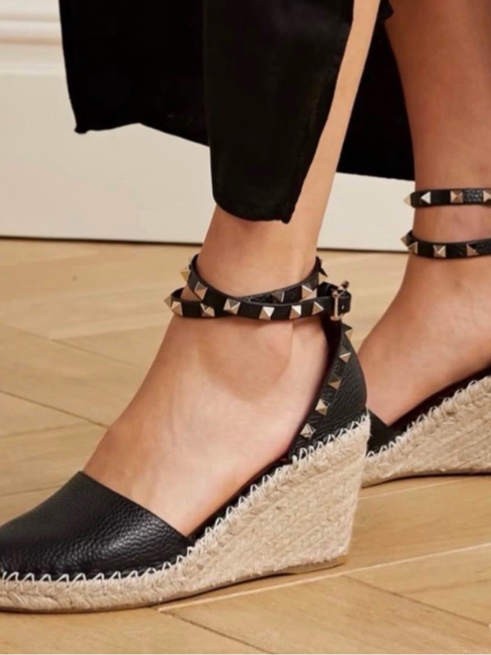 Valentino Garavani Black Leather Rockstud Espadrille Wedge with Ankle Strap